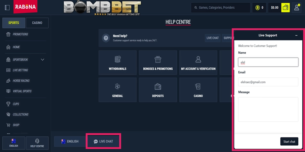 پشتیبانی RabonaBet